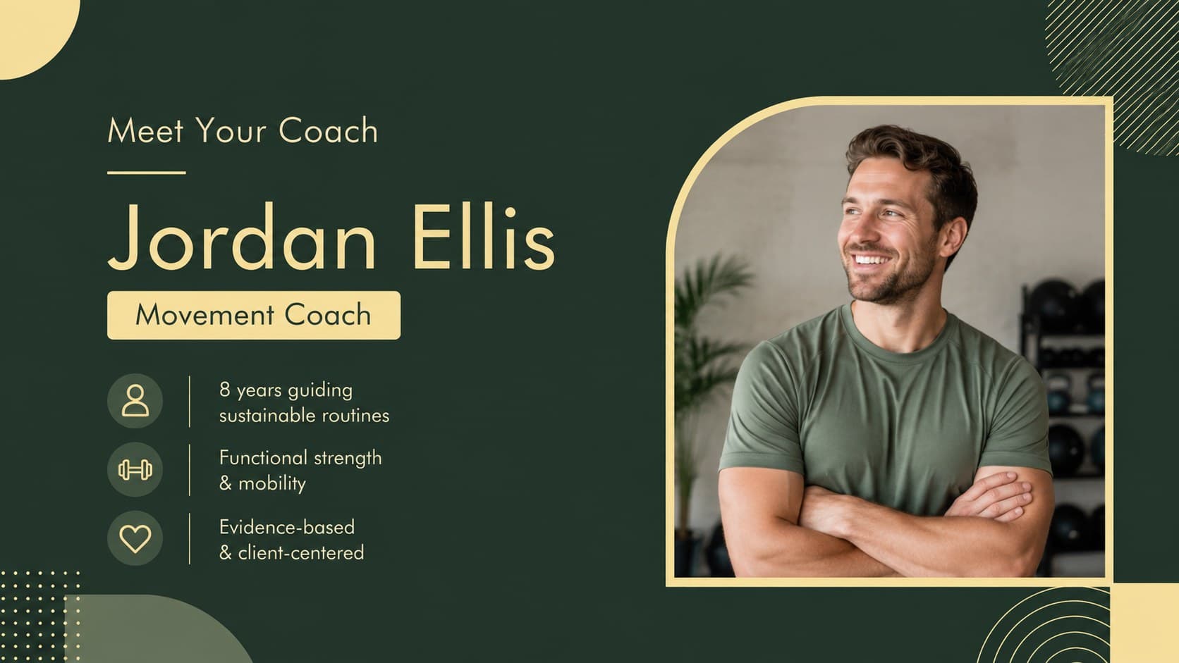 Personal trainer profile slide with a new original coach portrait area and credentials.