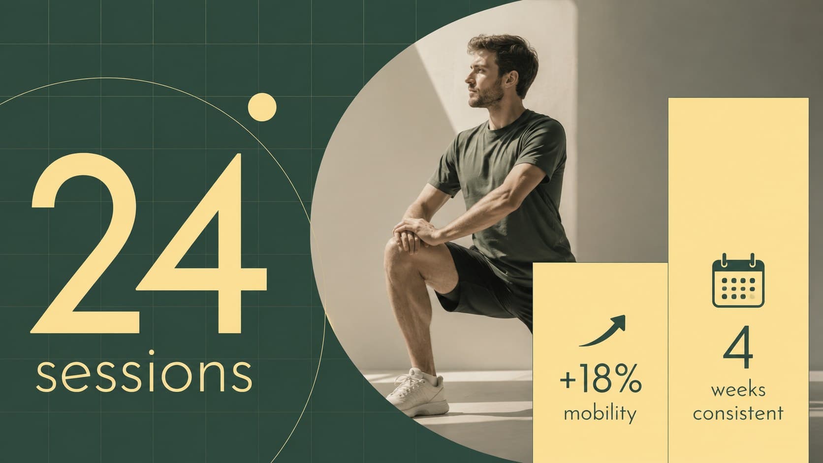 Workout progress metrics slide with bold numeric fitness results and geometric chart elements.
