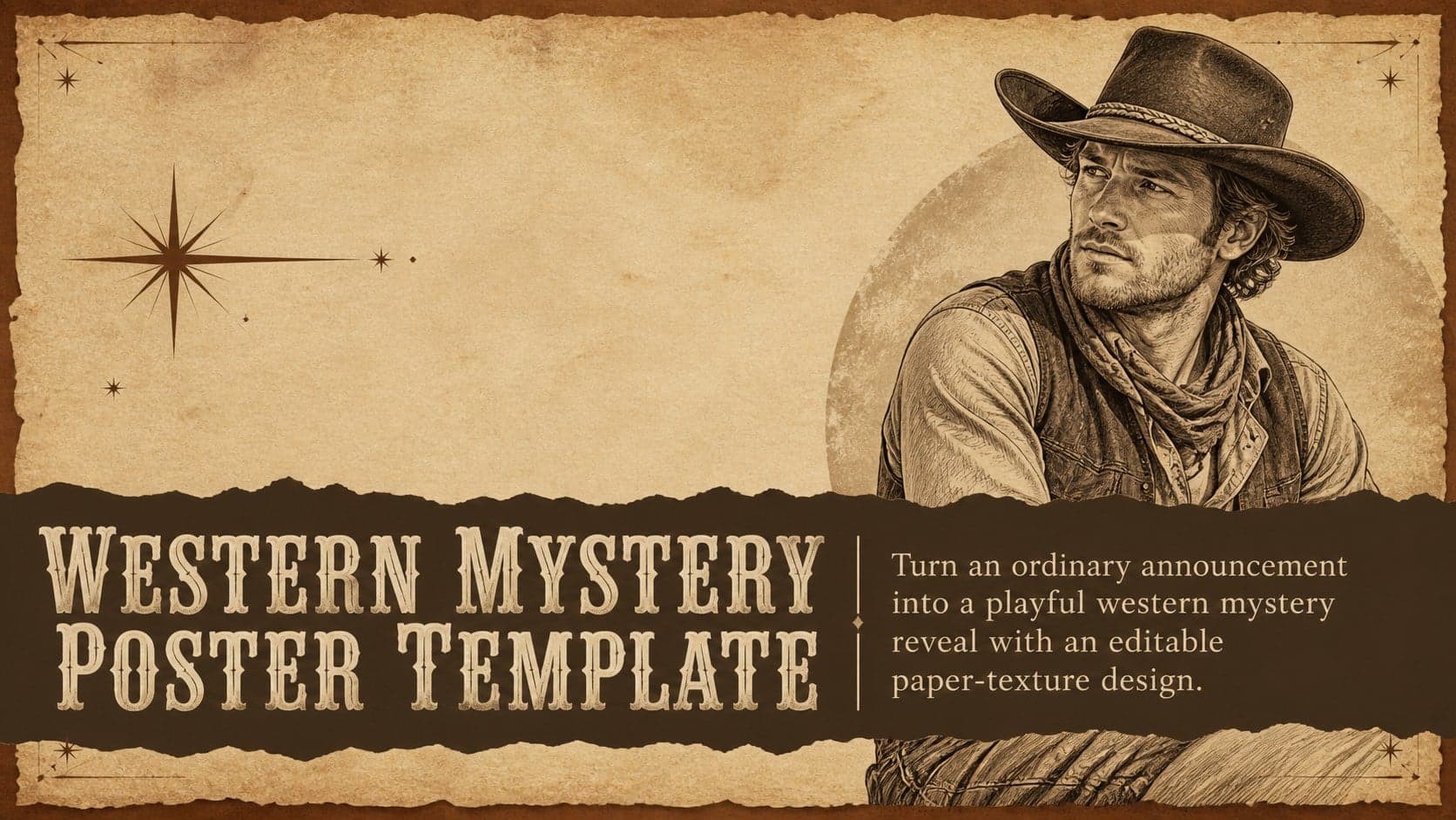 Cover slide for a western mystery poster template with a brown paper background and a bold event announcement.