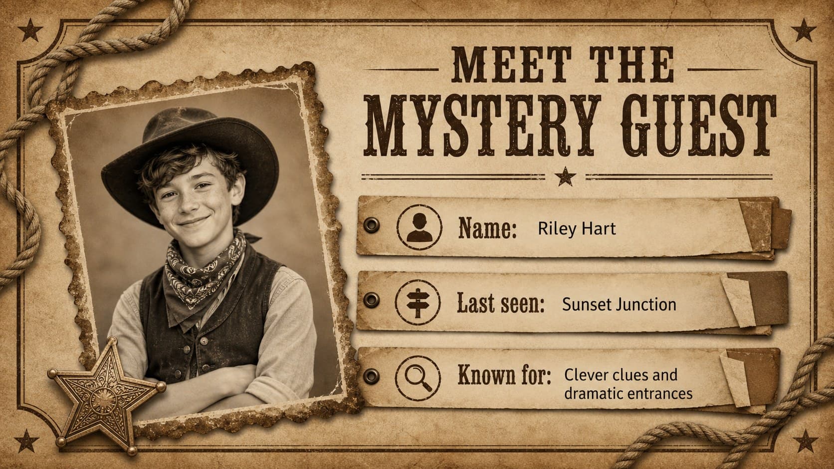 Editable character profile slide showing a fictional western suspect with clues and description text.