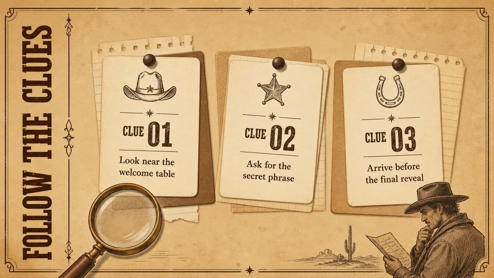 Vintage clue board slide with paper notes, numbered evidence, and an editable event mystery prompt.