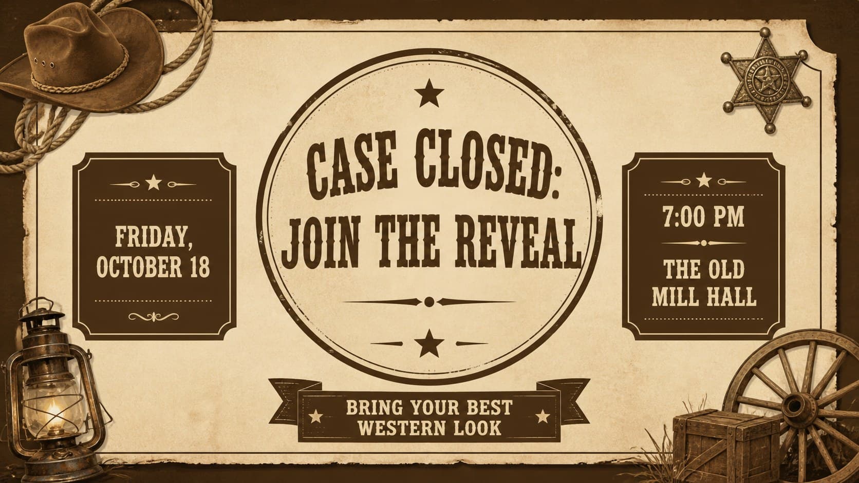 Closing announcement slide inviting guests to a western-themed event with editable date and location details.