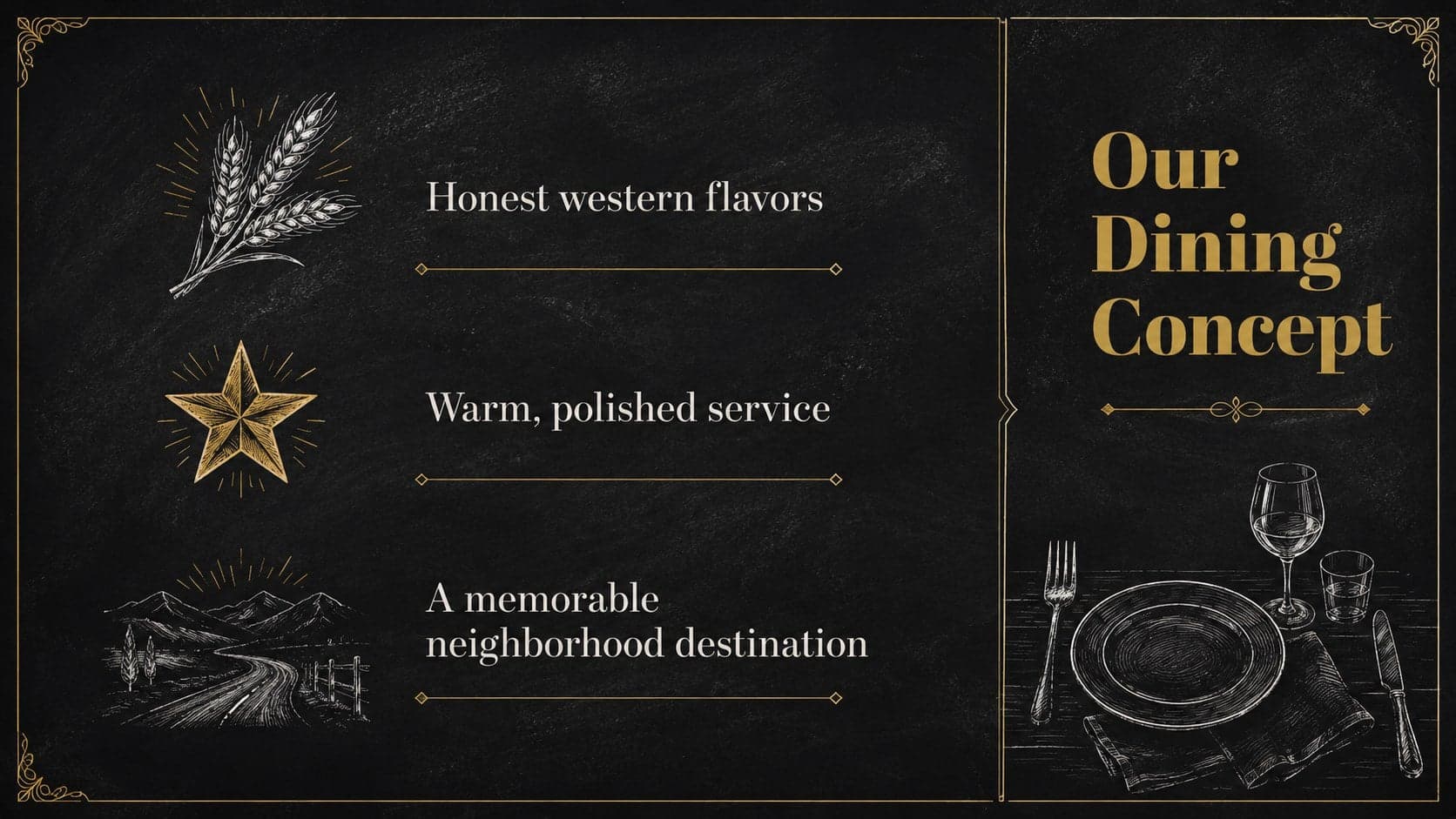Restaurant concept overview slide outlining the vision, atmosphere, and promise of a western dining business.