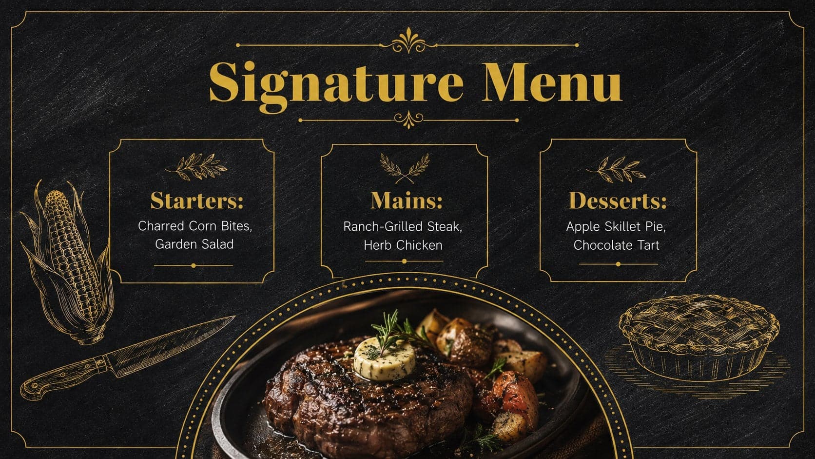 Western cuisine menu slide featuring starters, signature mains, and desserts in a refined black-and-gold layout.