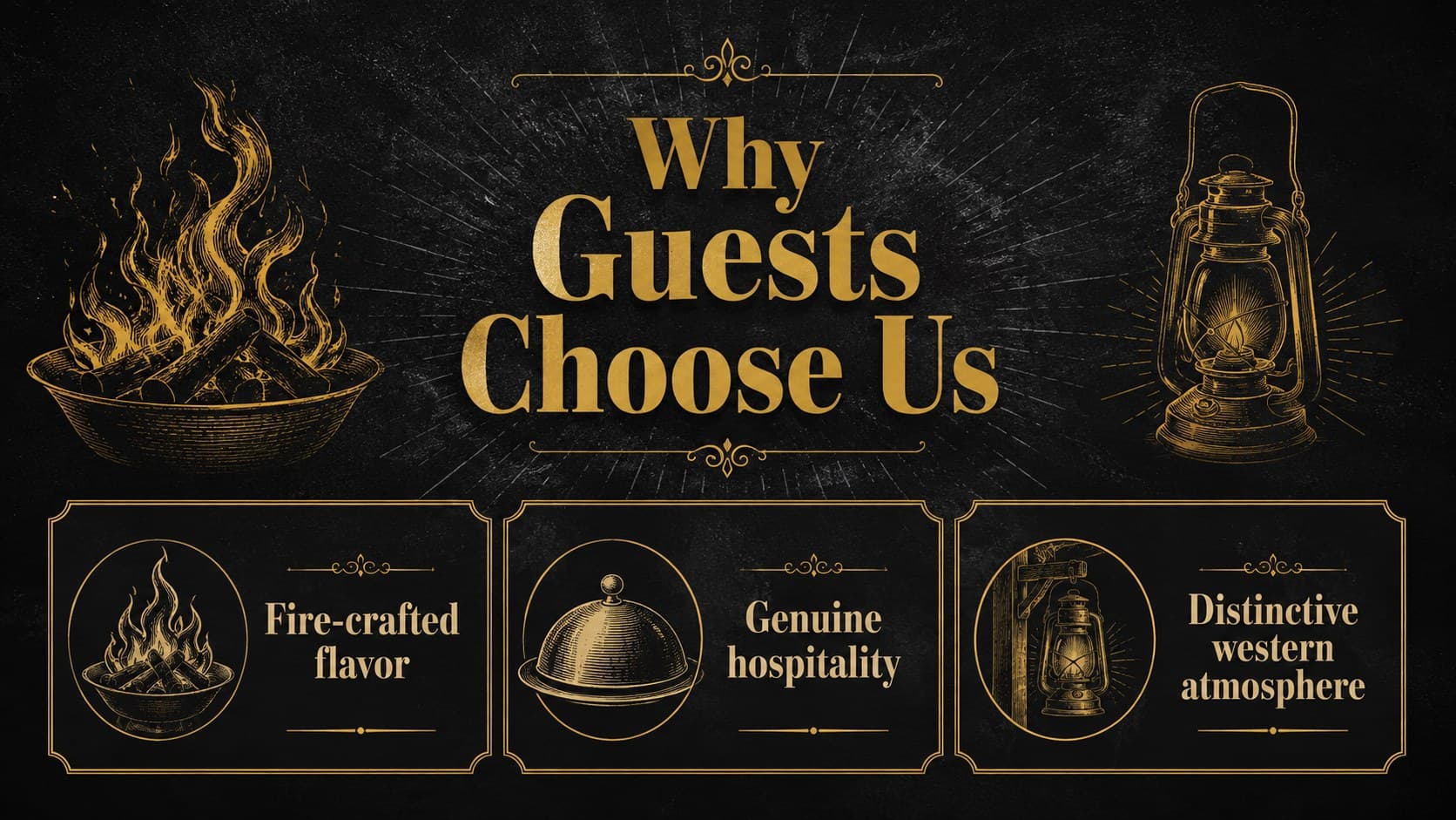 Guest value proposition slide presenting food quality, welcoming service, and distinctive western atmosphere.