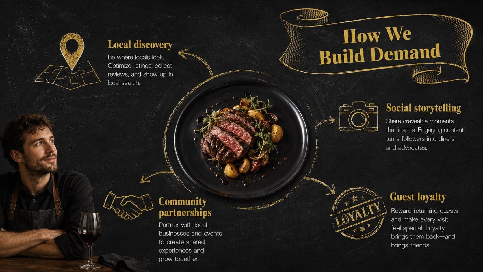 Restaurant marketing plan slide showing local discovery, social storytelling, partnerships, and guest loyalty.