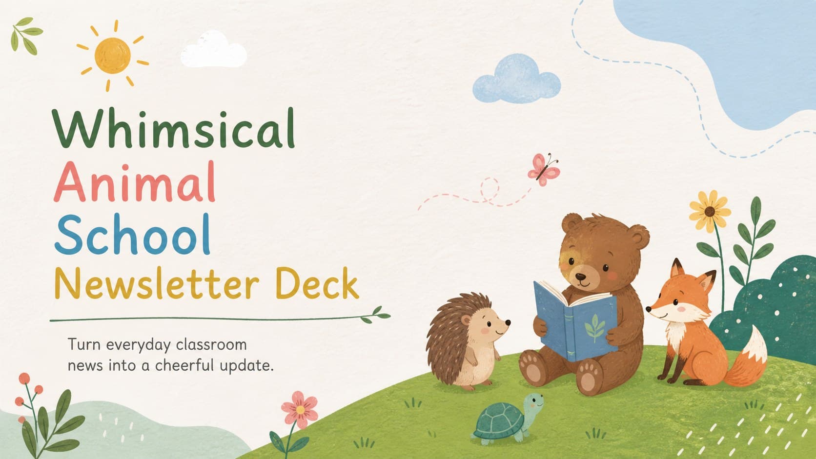 Cover of a whimsical animal school newsletter deck with pastel classroom illustrations and a cheerful title.
