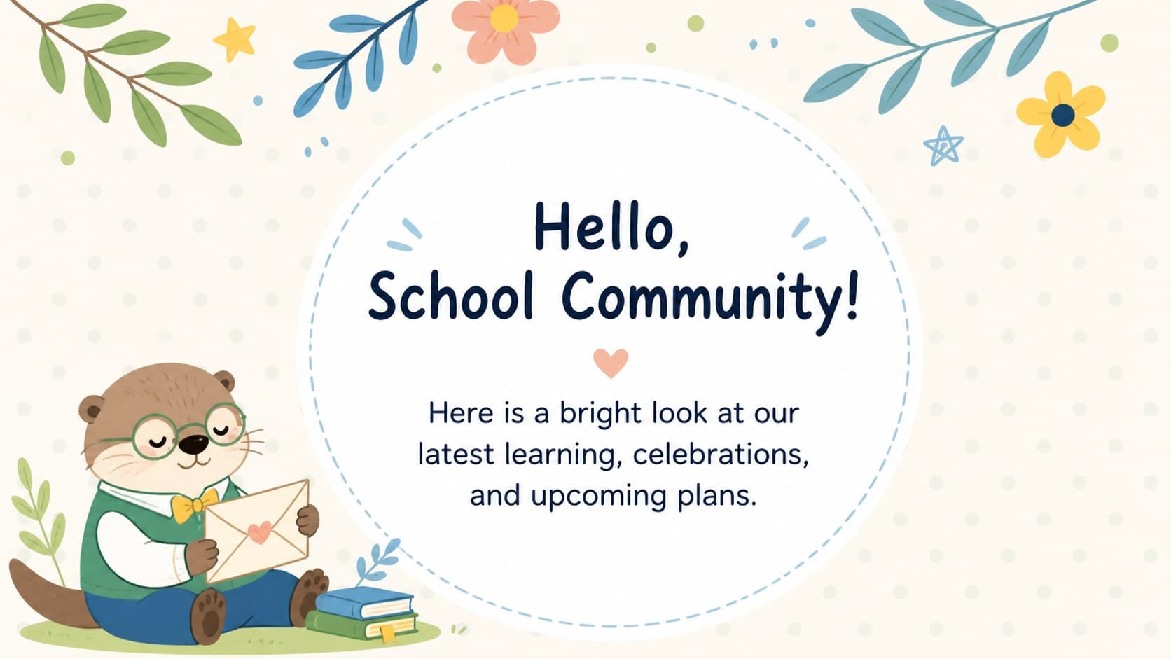 Pastel school newsletter welcome slide introducing this week's classroom news with original animal artwork.