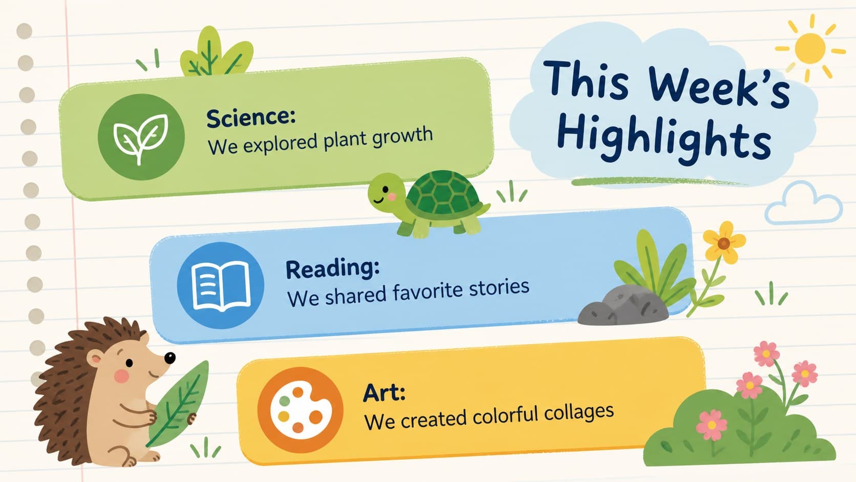Weekly classroom highlights layout from an animal themed parent newsletter presentation.