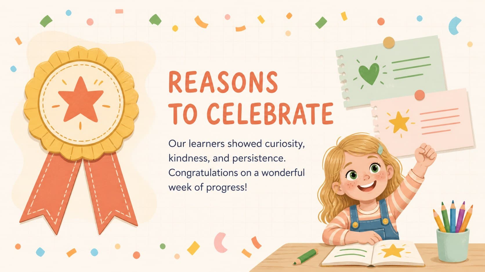 Student achievement celebration page in a cute classroom newsletter template with pastel award graphics.