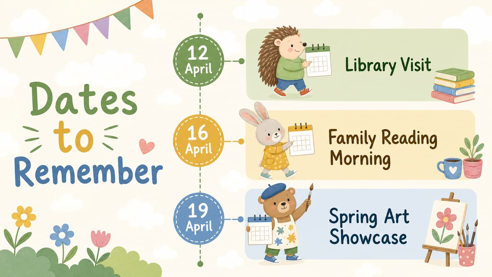 Pastel school update presentation slide showing upcoming events in a clear calendar-style layout.