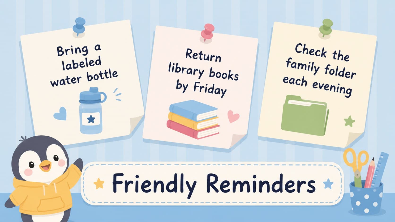 Editable classroom bulletin deck slide with three concise reminders and playful pastel animal illustrations.