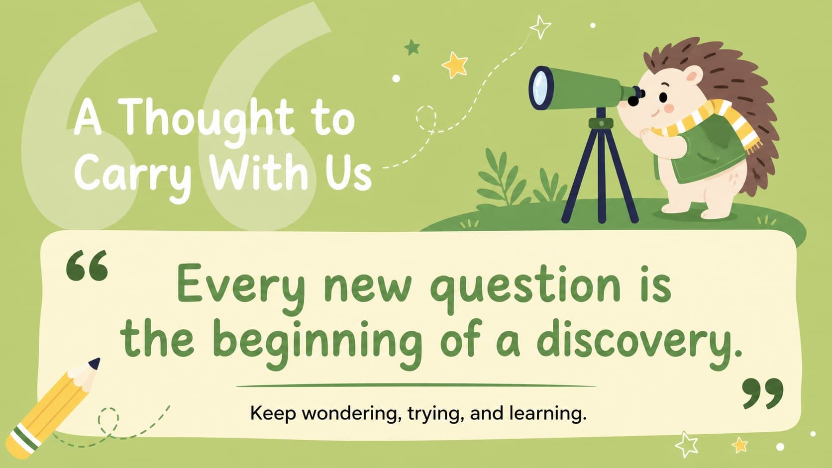 Whimsical education announcement slide featuring a student quote and an original pastel animal character.