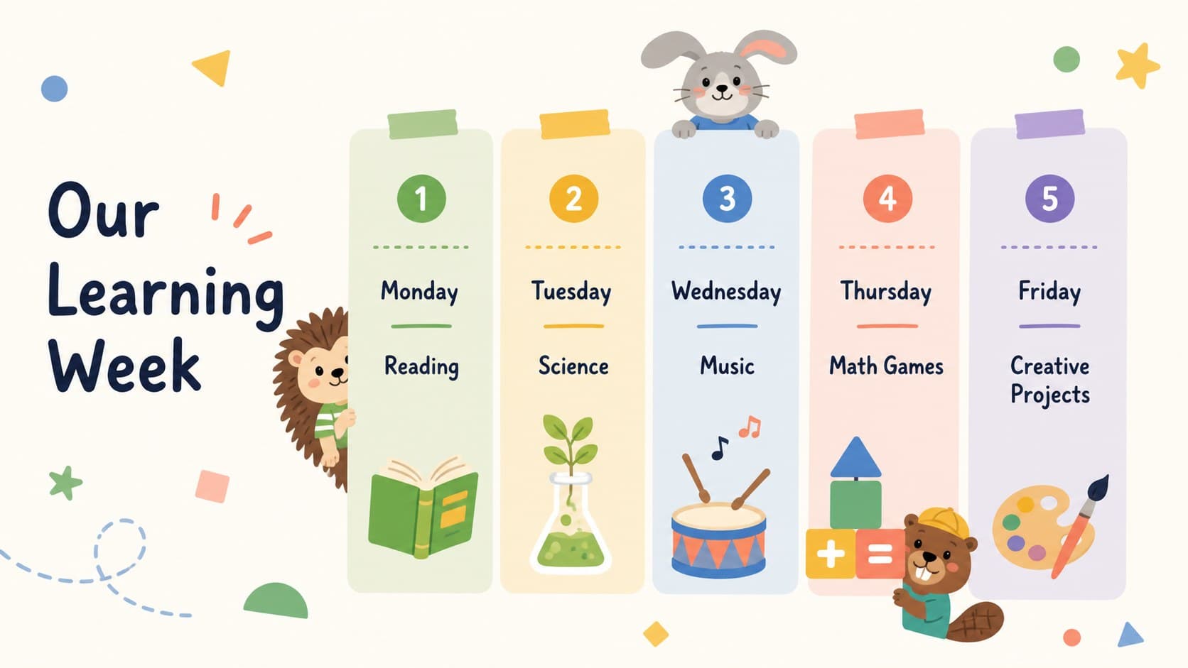 Animal themed parent newsletter slide presenting a simple weekly learning schedule in pastel colors.