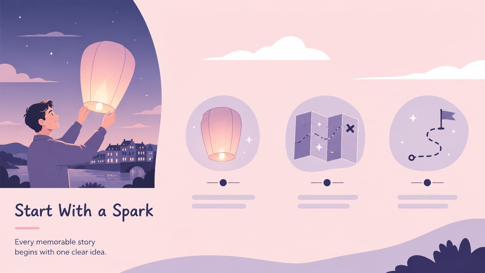 Opening concept slide introducing a playful visual narrative with pastel illustrations.