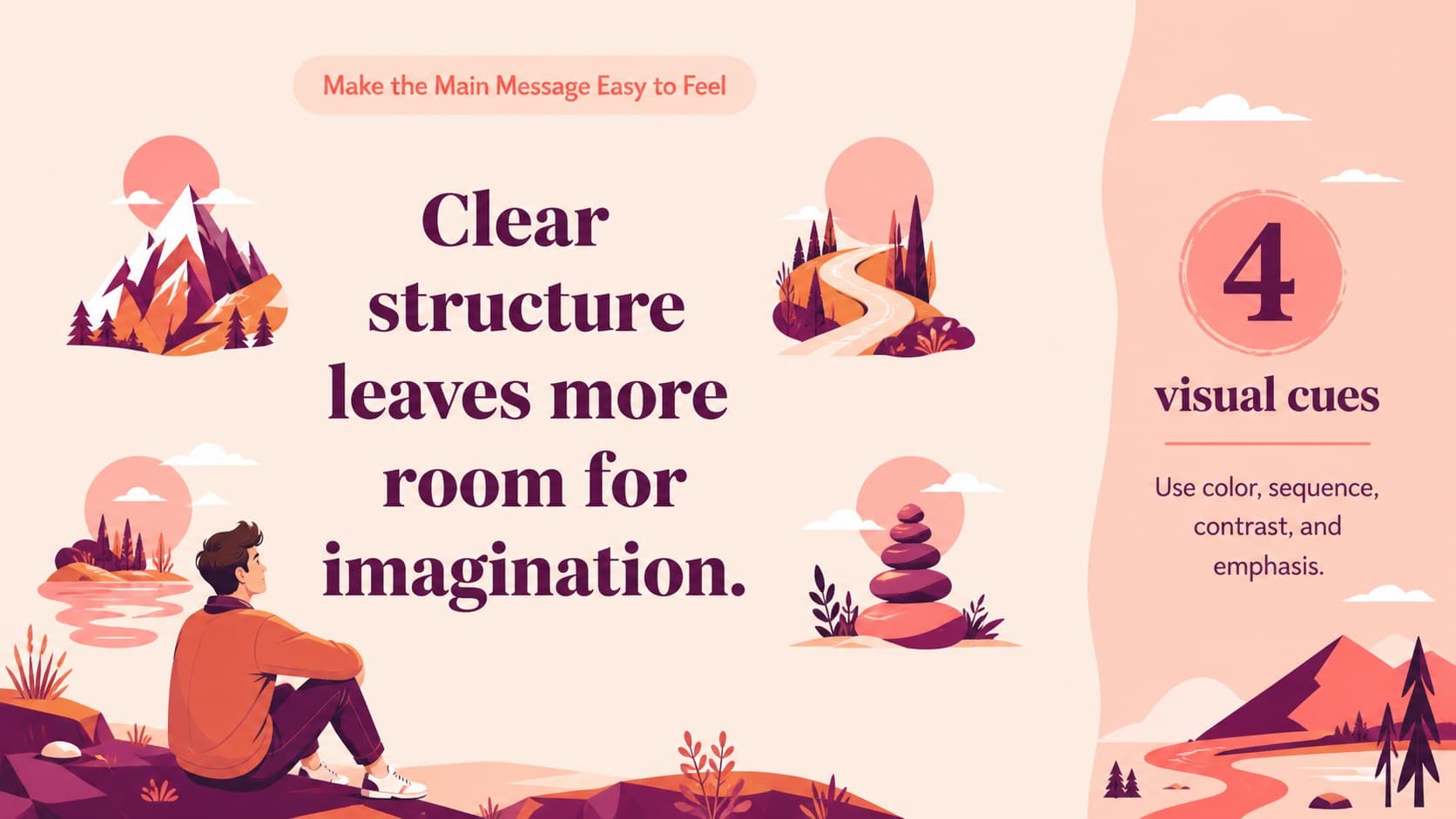 Key message slide highlighting a central storytelling insight with colorful illustrated accents.