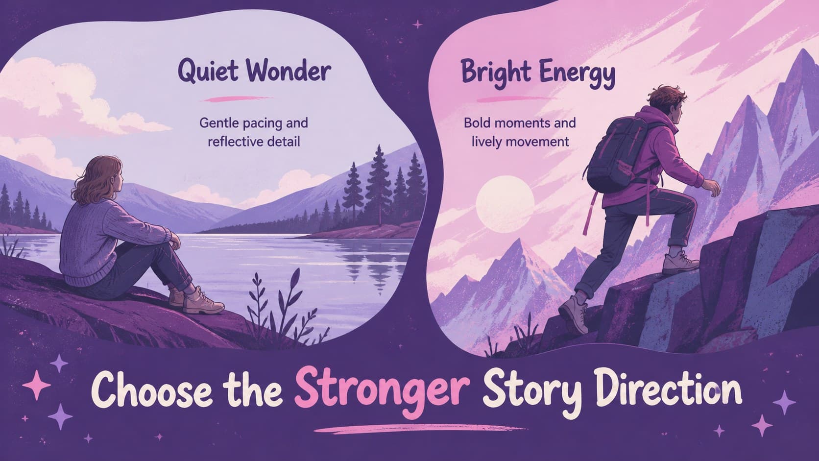Comparison slide contrasting two creative directions with friendly illustrated visuals.