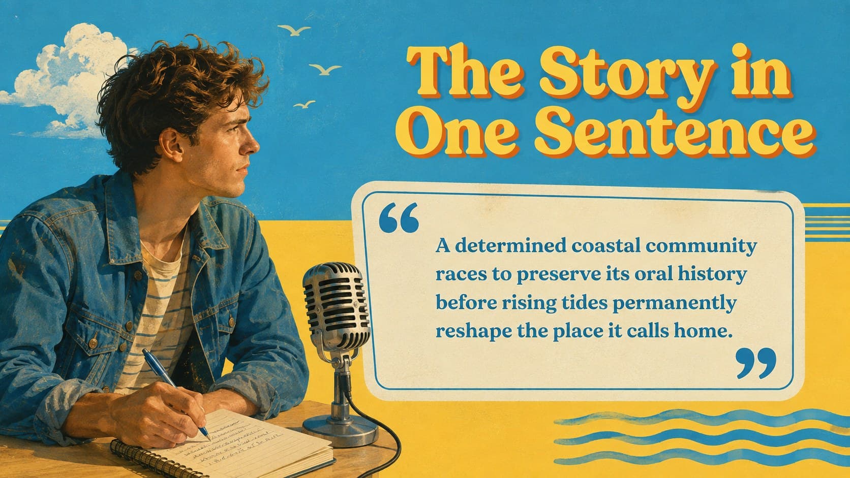 Documentary proposal logline slide featuring a concise story premise in a playful cinematic layout.