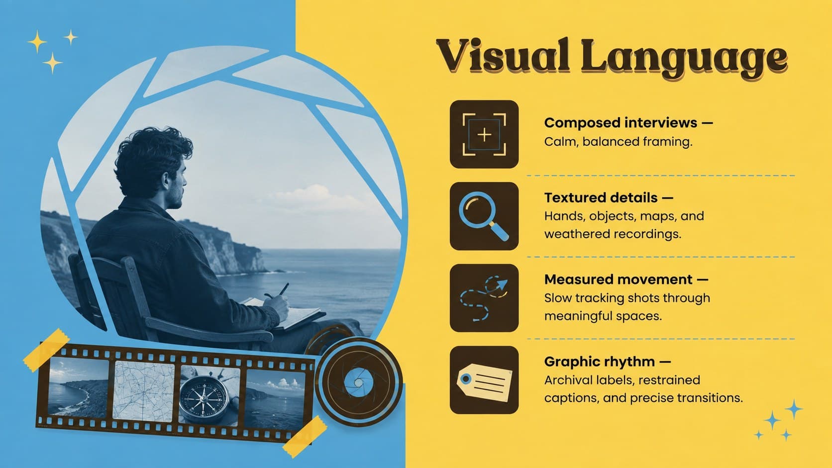 Independent film pitch slide presenting the documentary's visual language, camera approach, and graphic style.