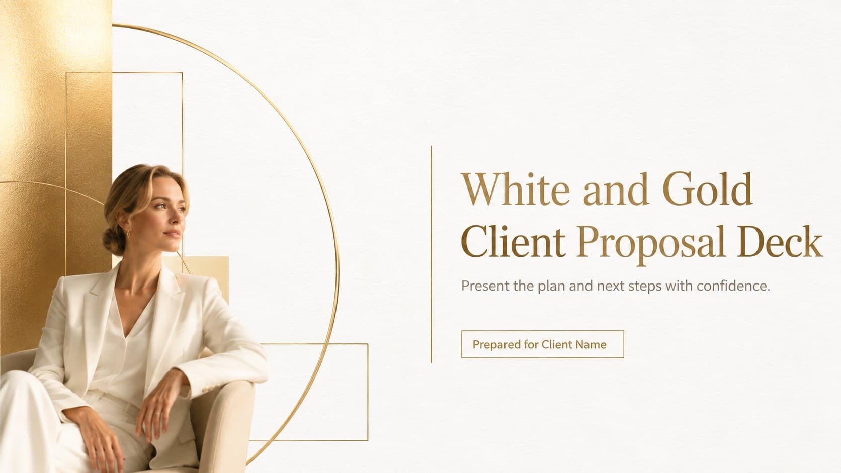 Cover of a white and gold client proposal deck with refined typography and minimalist geometric accents.