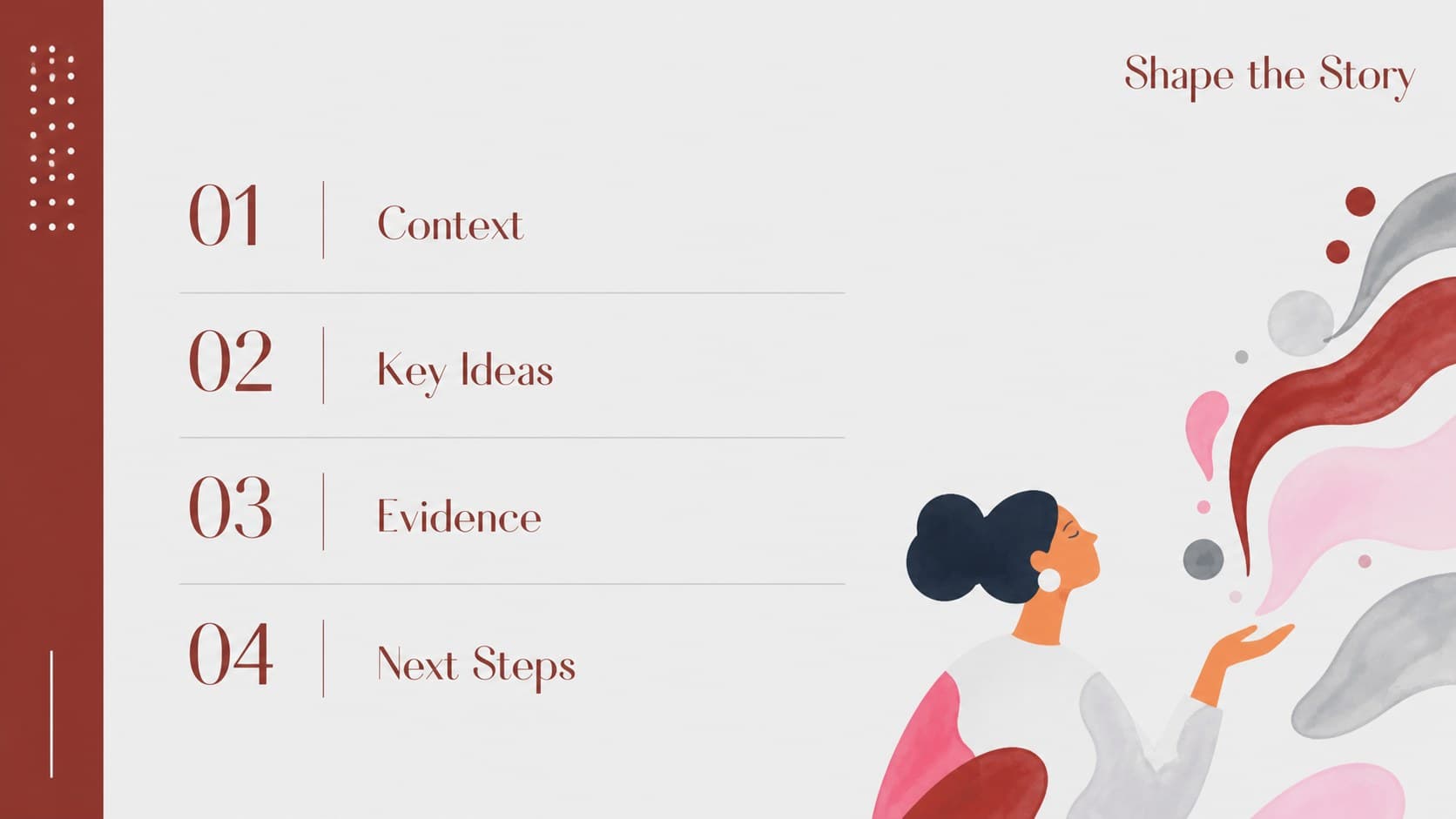 Agenda slide outlining the structure of a modern white and red slide deck.