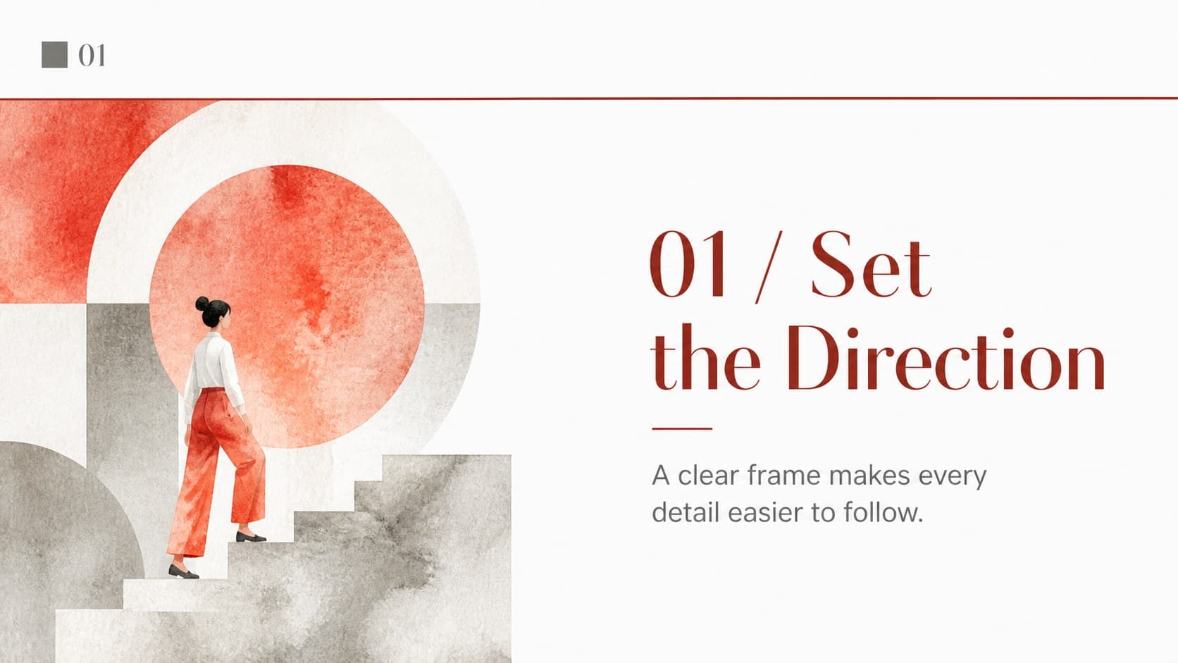 Section divider introducing the visual direction of a professional white and red presentation.