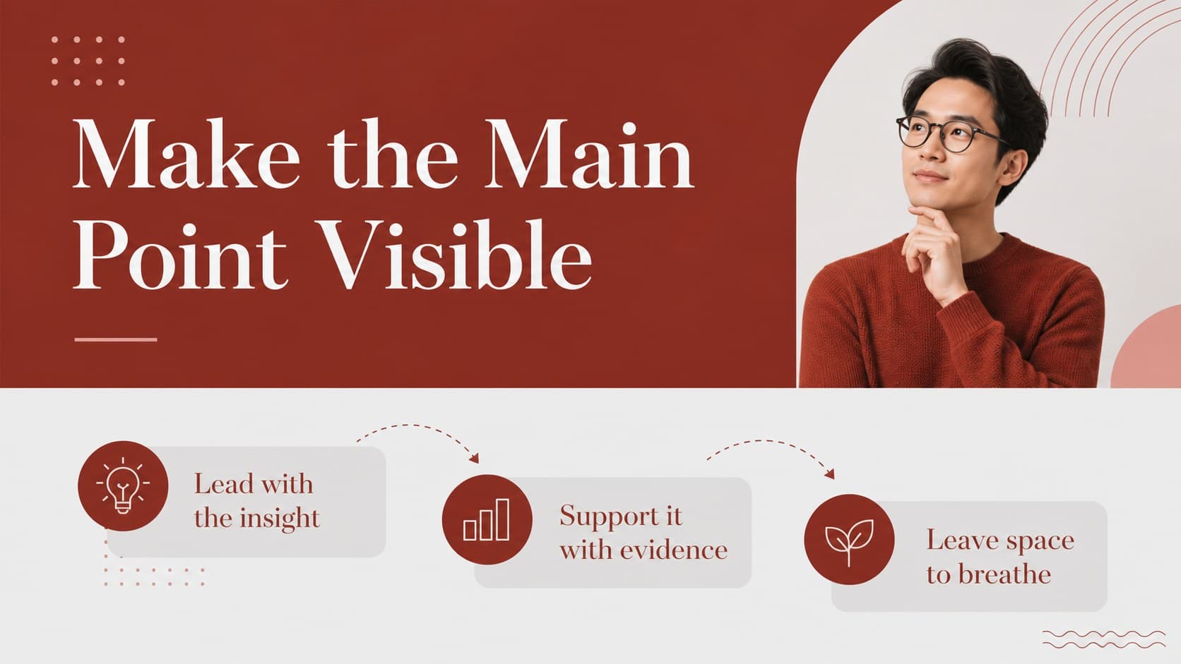 Two-column content slide showing a concise idea and supporting points in a clean red accent layout.