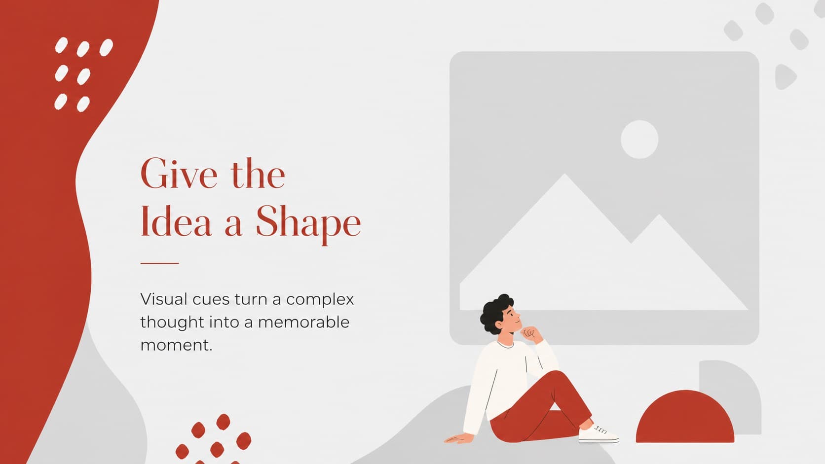 Image-led concept slide combining a red abstract frame with a short presentation message.