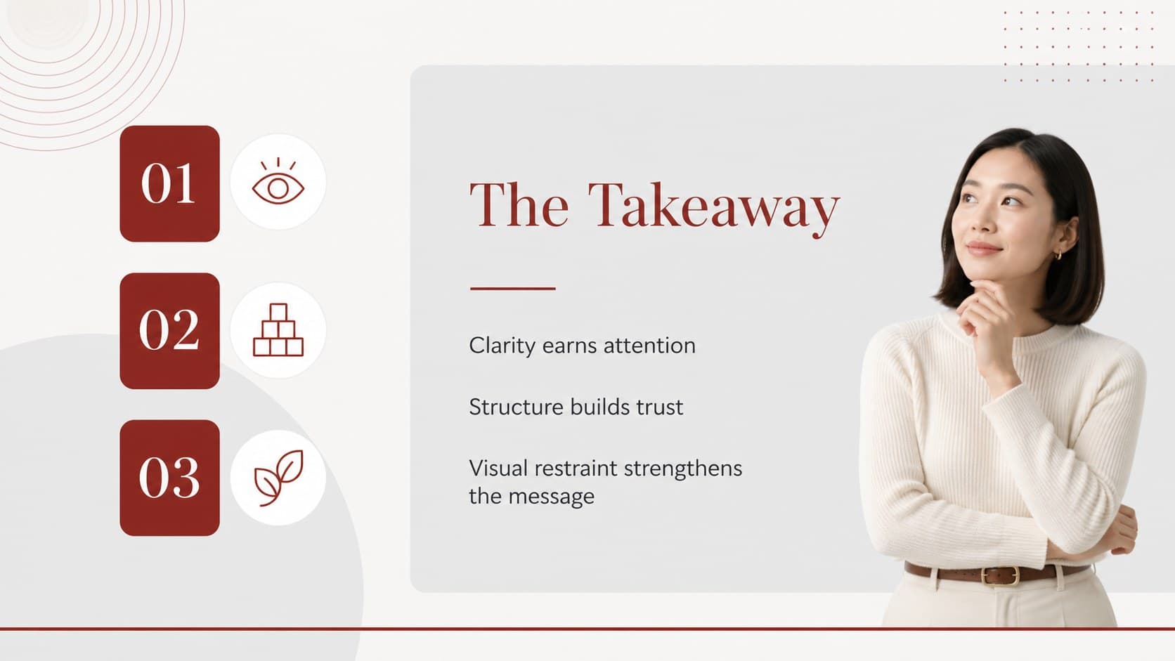 Summary slide distilling three presentation takeaways into a structured white and red layout.
