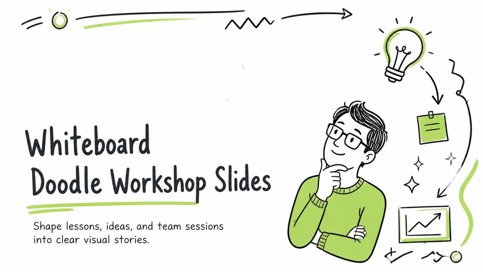 Cover for Whiteboard Doodle Workshop Slides with green marker illustrations and a clean white background.