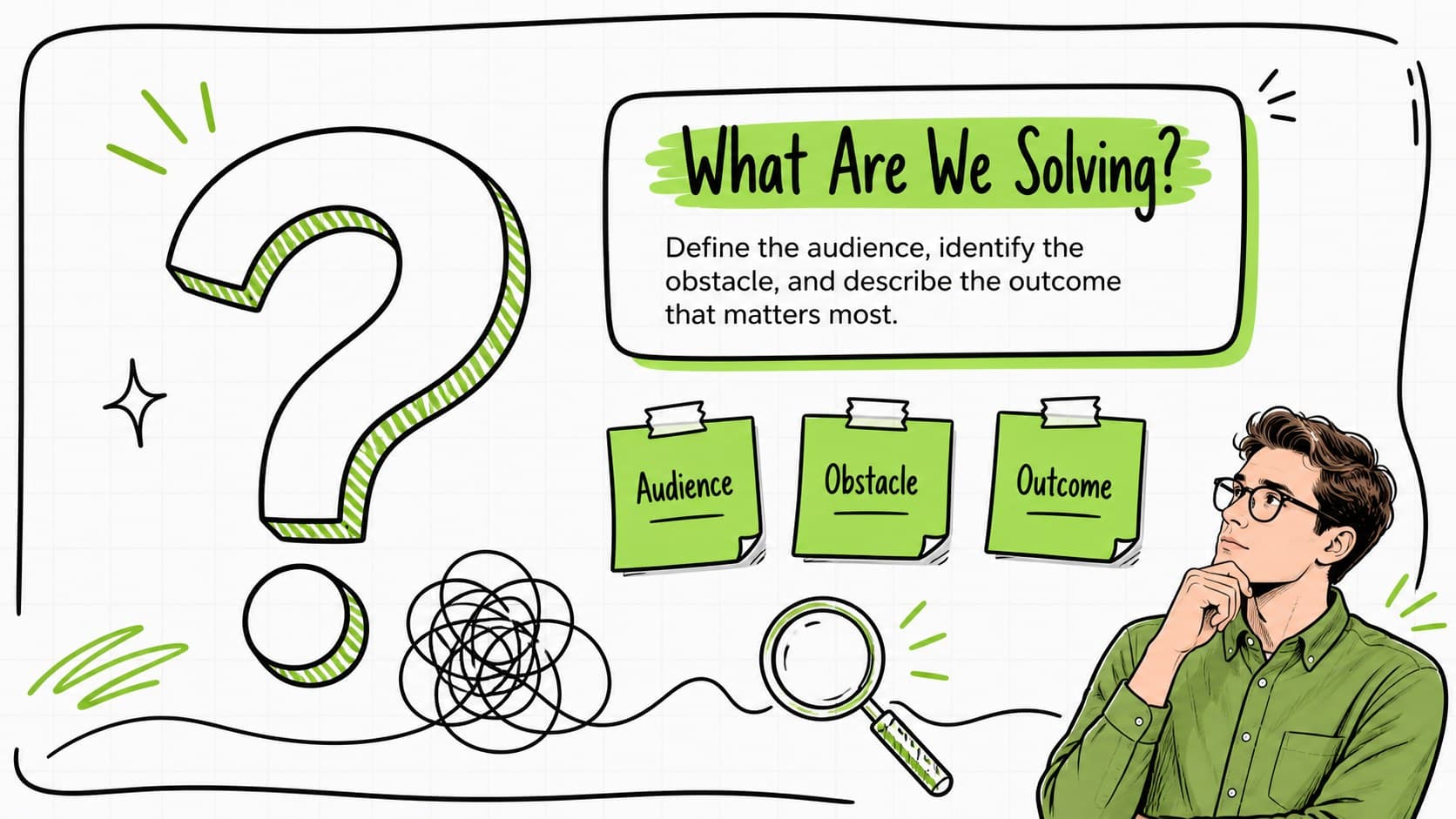 Creative brainstorming presentation deck slide introducing a workshop challenge with green sketch graphics.