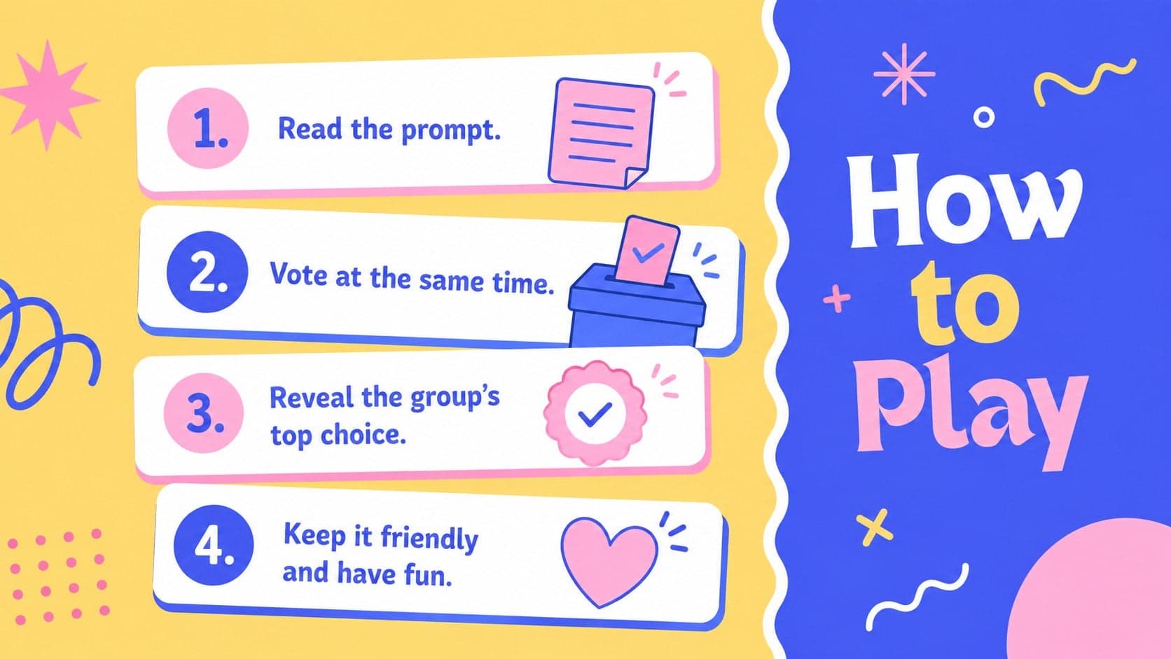 Instructions page for a party icebreaker slide deck explaining how groups vote during each round.