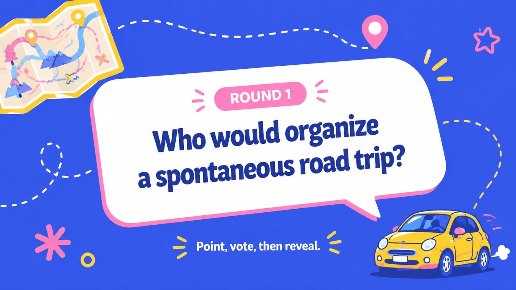 Animated group guessing game prompt asking who would organize a spontaneous road trip.