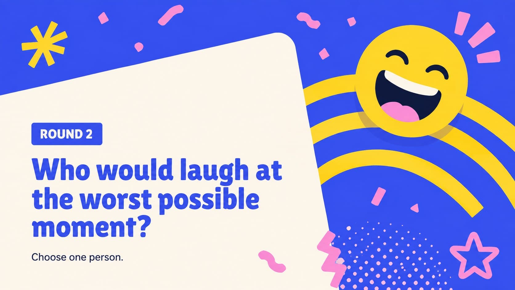 Colorful party question slide asking who would laugh at the worst possible moment.