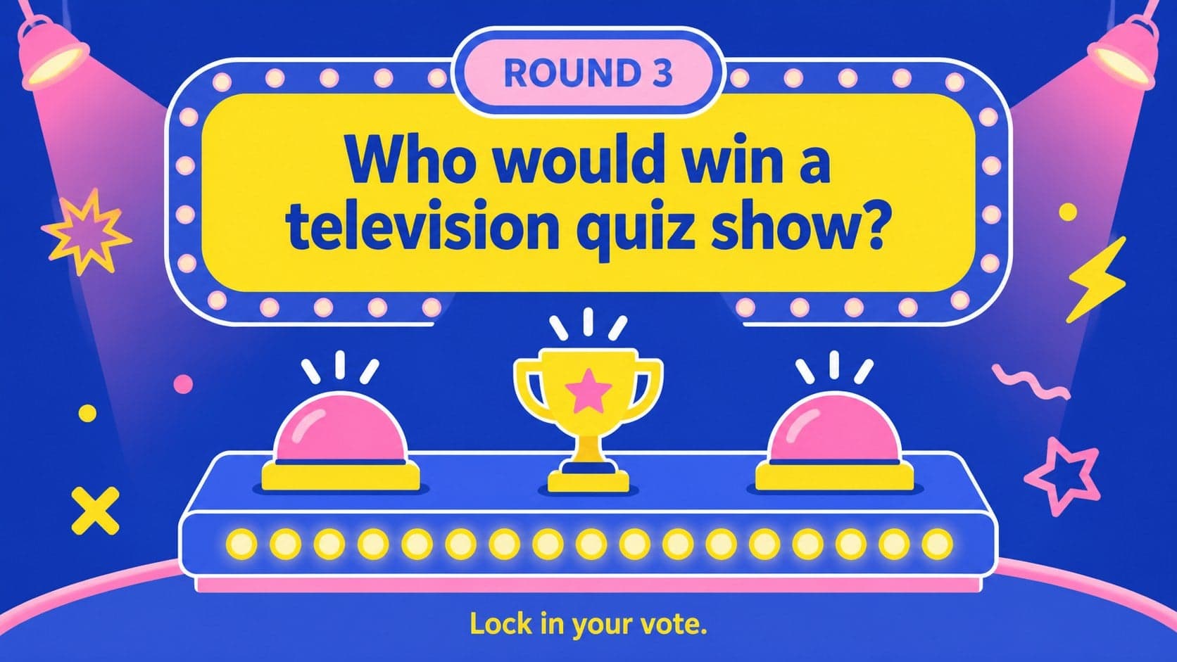 Editable party question slide asking who would win a television quiz show.