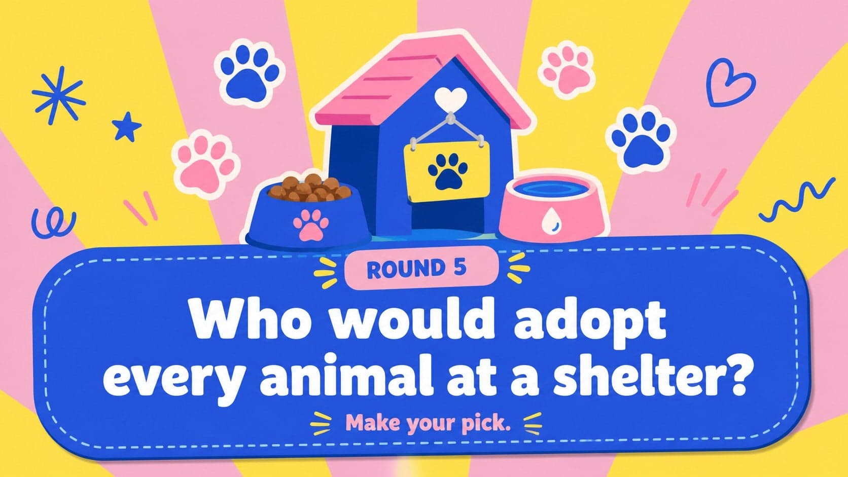Interactive classroom icebreaker prompt asking who would adopt every animal at a shelter.