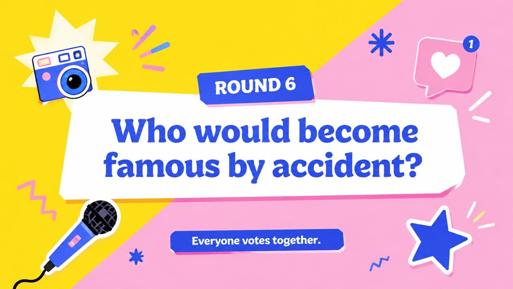 Bright group voting game slide asking who would become famous by accident.