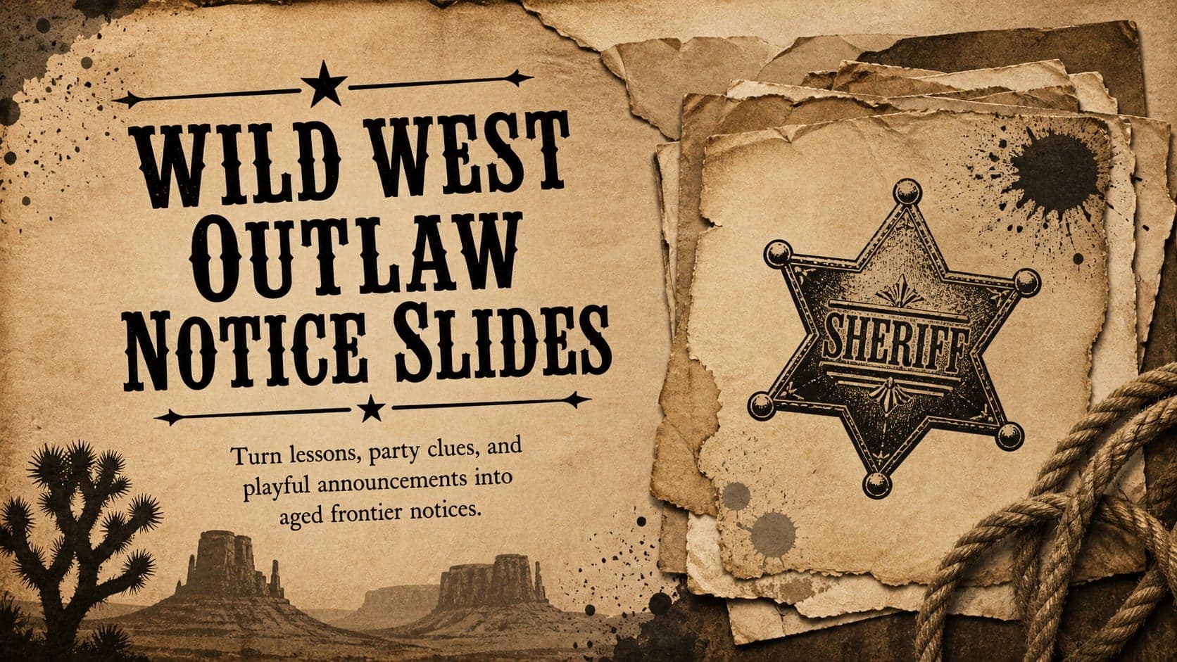 Cover for Wild West Outlaw Notice Slides with distressed brown paper, bold black lettering, and original frontier ornaments.