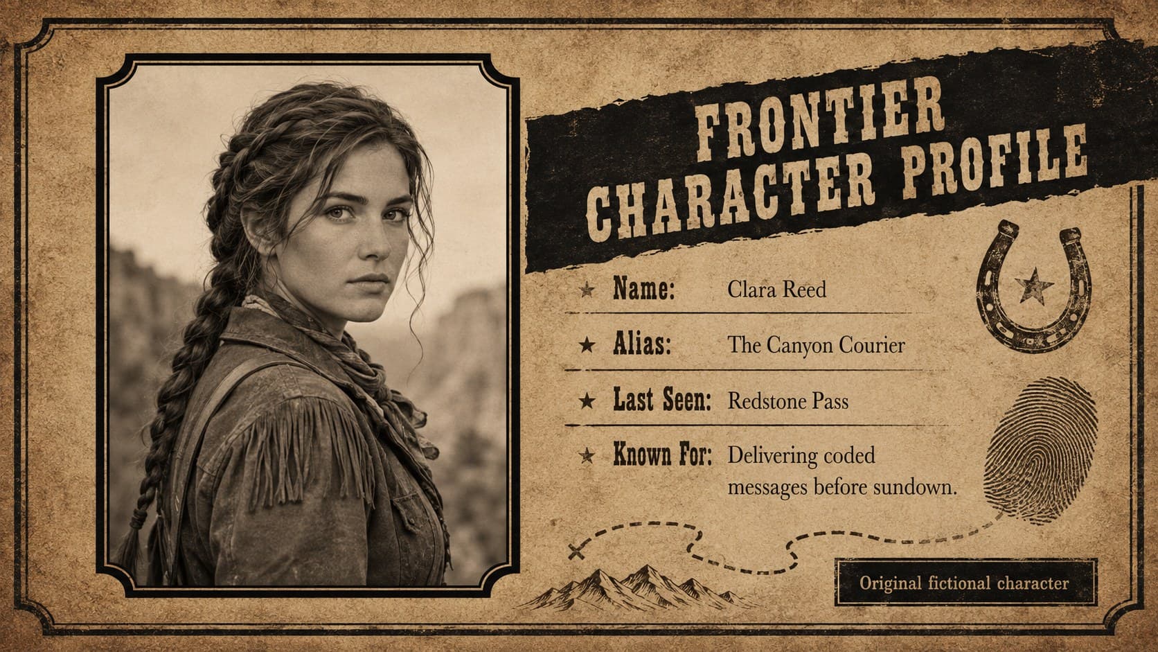 Frontier character profile slide featuring an original outlaw portrait, identifying details, and a rustic paper layout.
