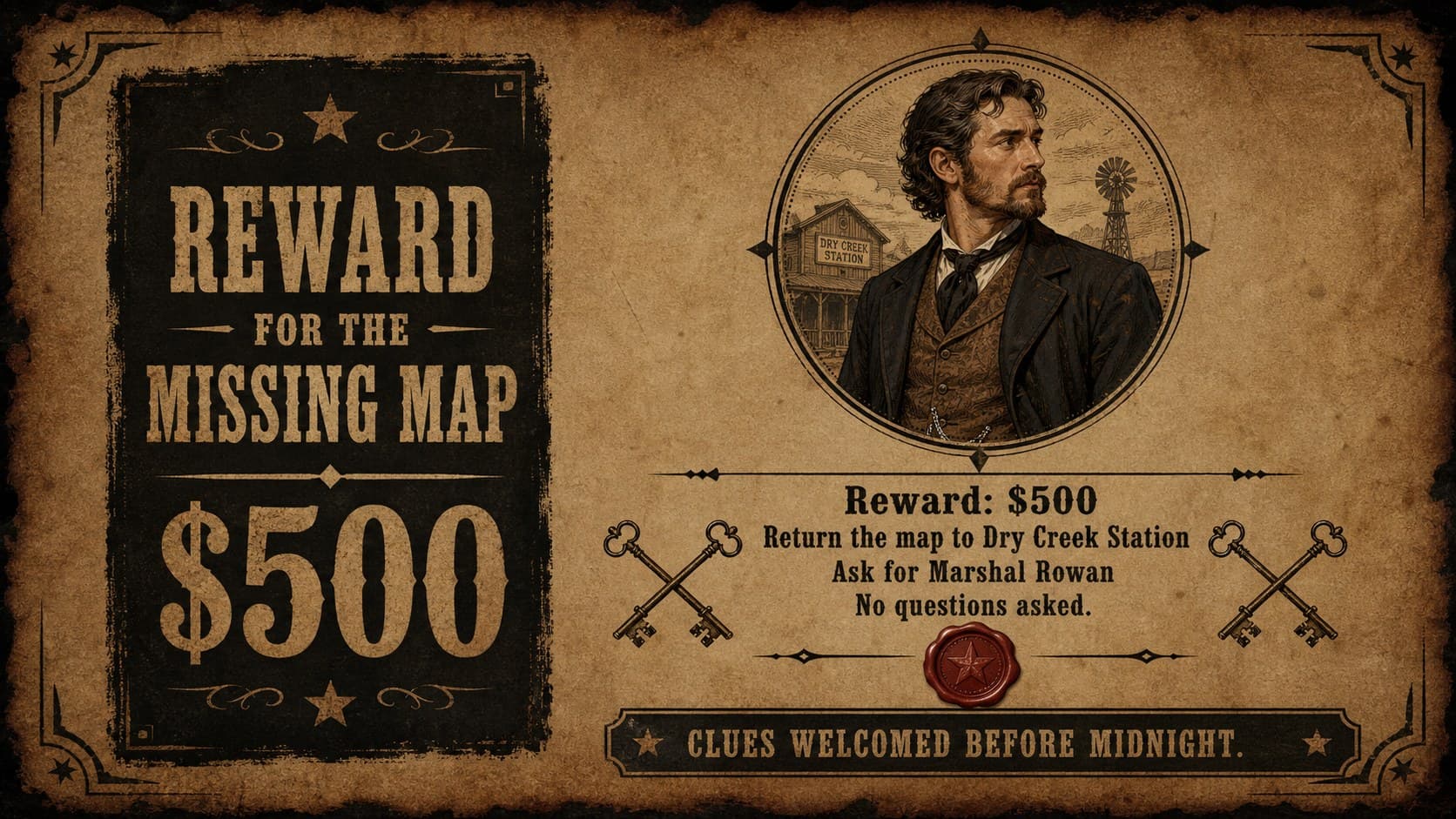 Rustic reward announcement slide with bold bounty text, an original Western character, and distressed black borders.