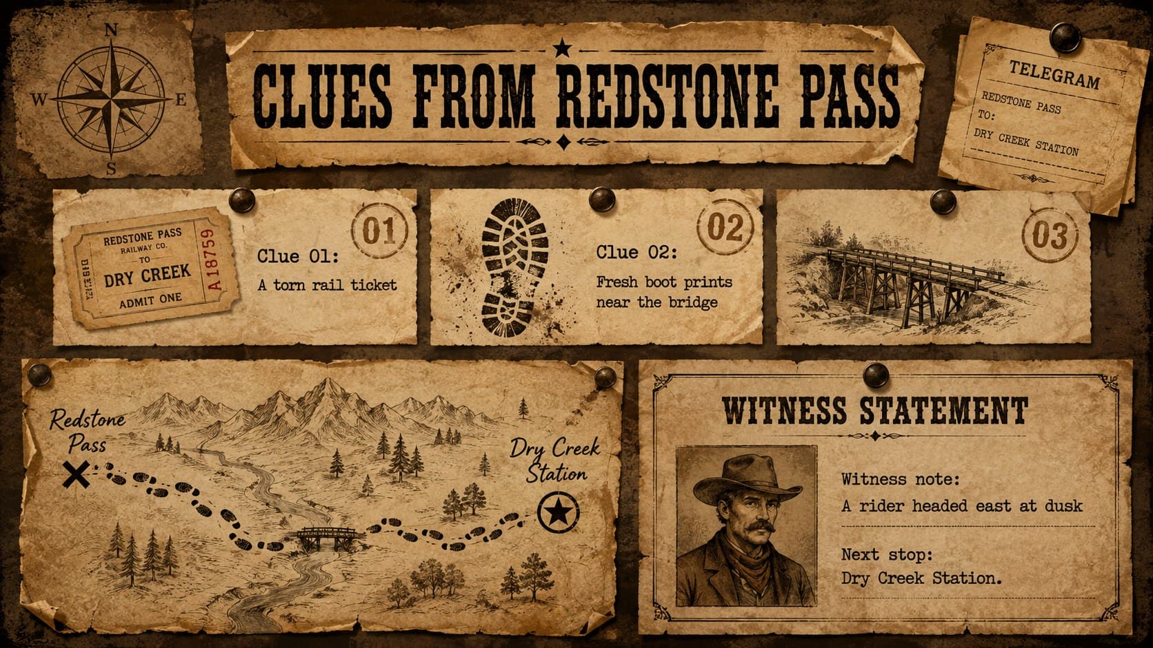 Old West mystery game template slide presenting evidence notes, witness clues, and a frontier trail map.