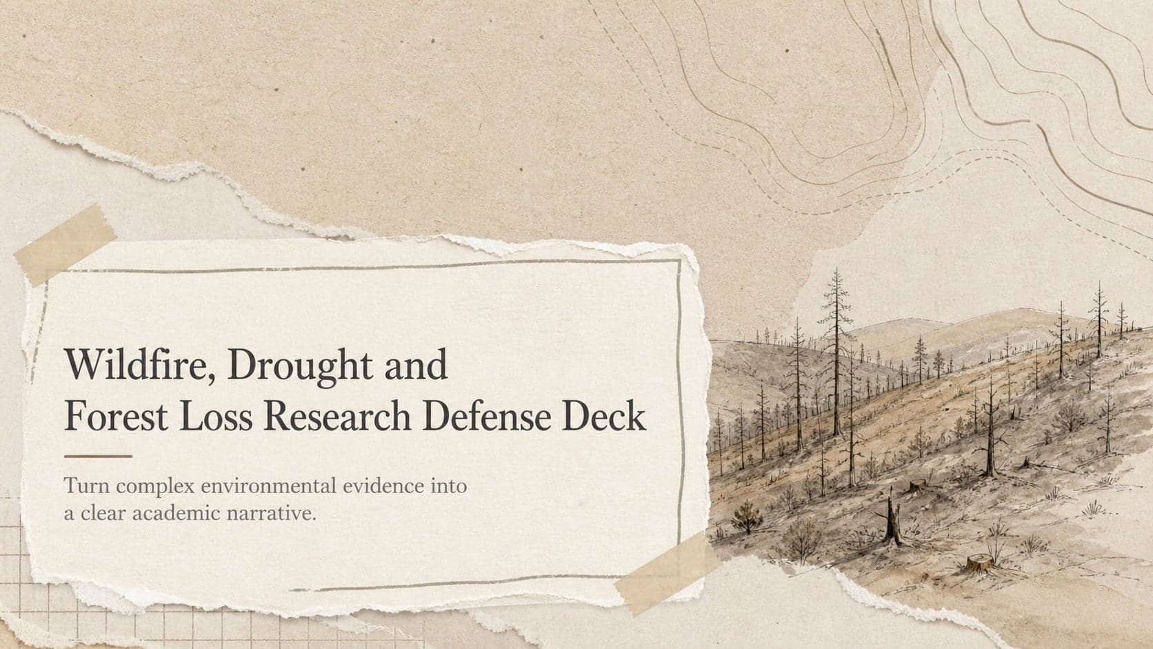 Beige cover for the Wildfire, Drought and Forest Loss Research Defense Deck with restrained environmental graphics.