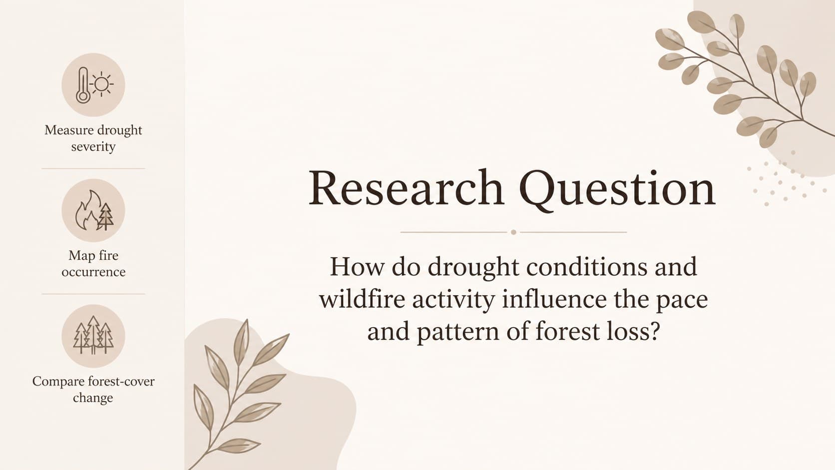 Wildfire research defense slide presenting the main question and supporting research objectives.