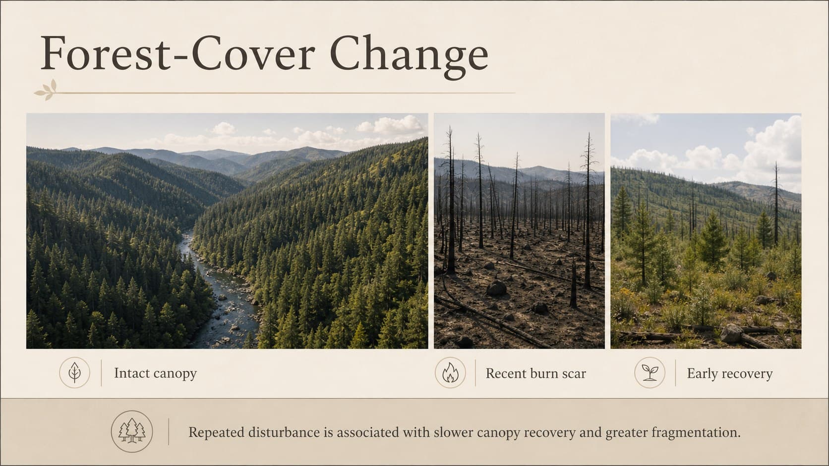 Forest degradation thesis slide comparing intact forest, burned land and recovering vegetation.