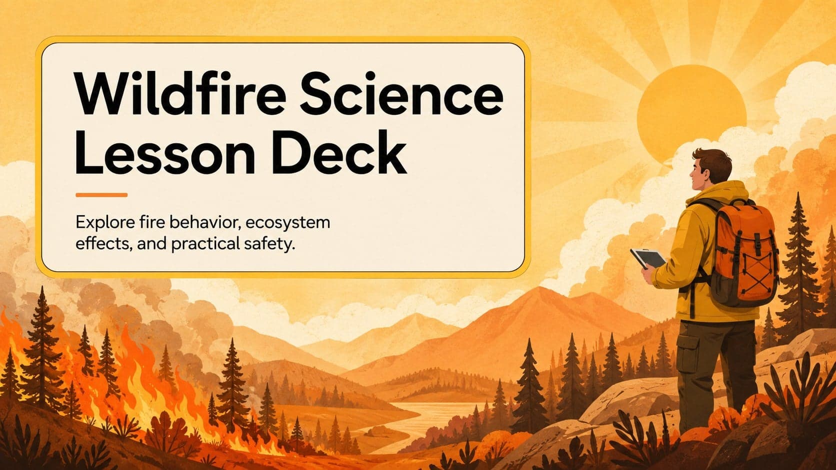 Cover of a Wildfire Science Lesson Deck with warm forest-fire illustrations in orange, yellow, and beige.