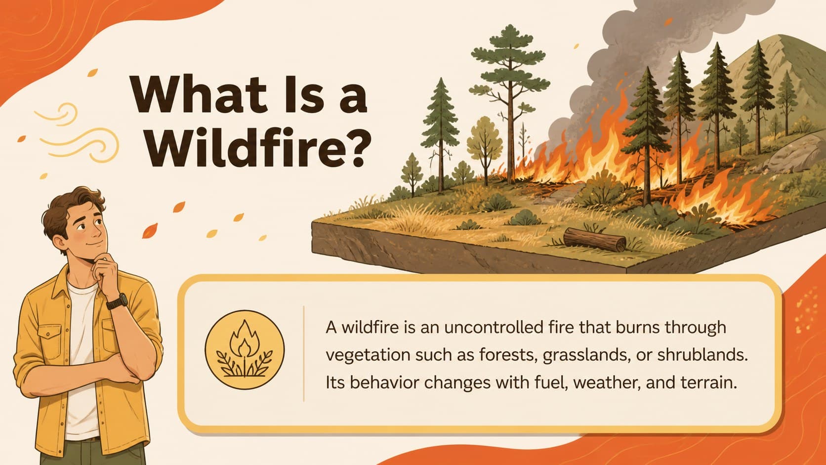 Classroom wildfire education slide defining wildfires with a simple forest illustration.