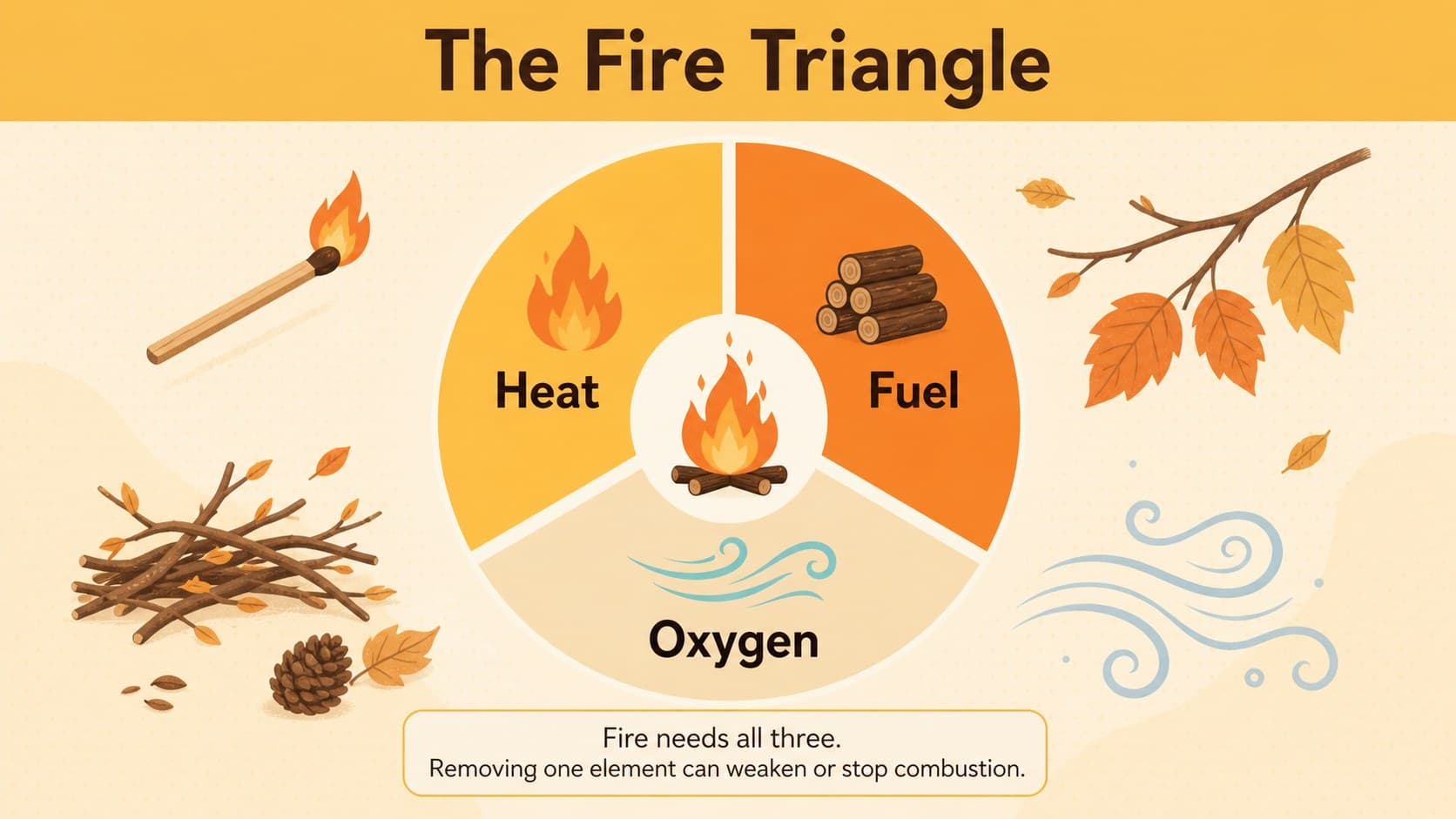 Fire triangle lesson for students explaining heat, fuel, and oxygen.