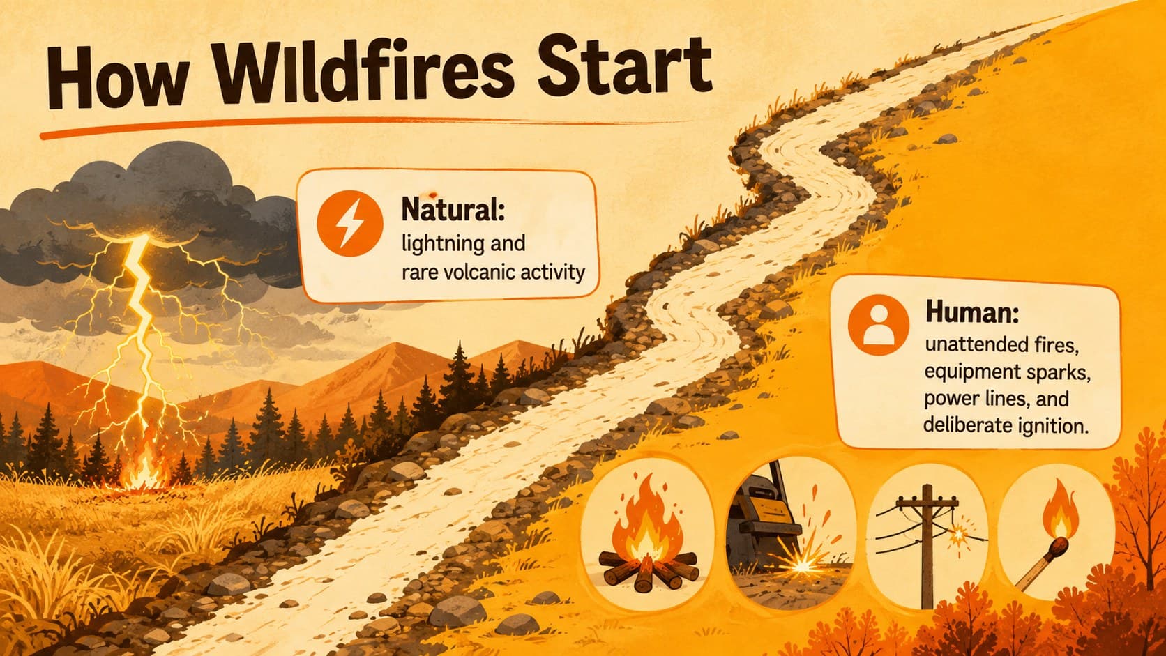 Wildfire causes and effects presentation slide comparing natural and human ignition sources.