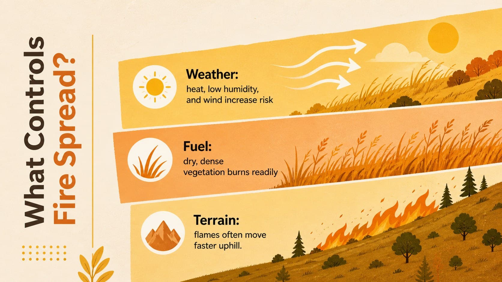How wildfires spread presentation with diagrams for fuel, weather, and terrain.