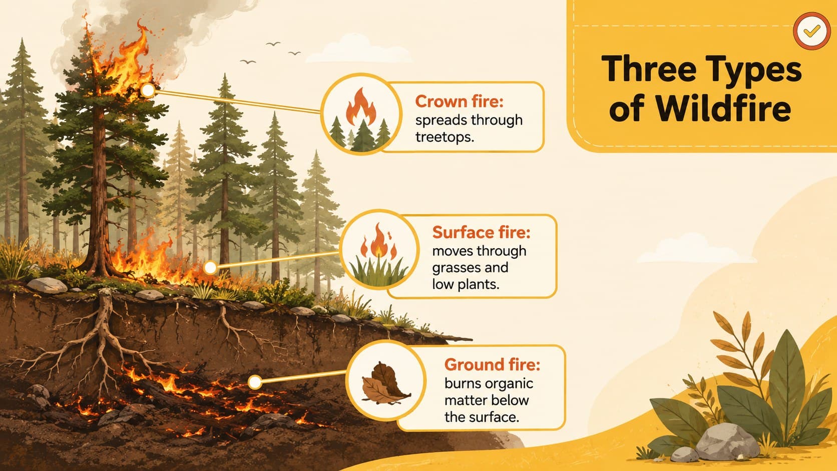 Wildfire behavior slide identifying surface, ground, and crown fires.